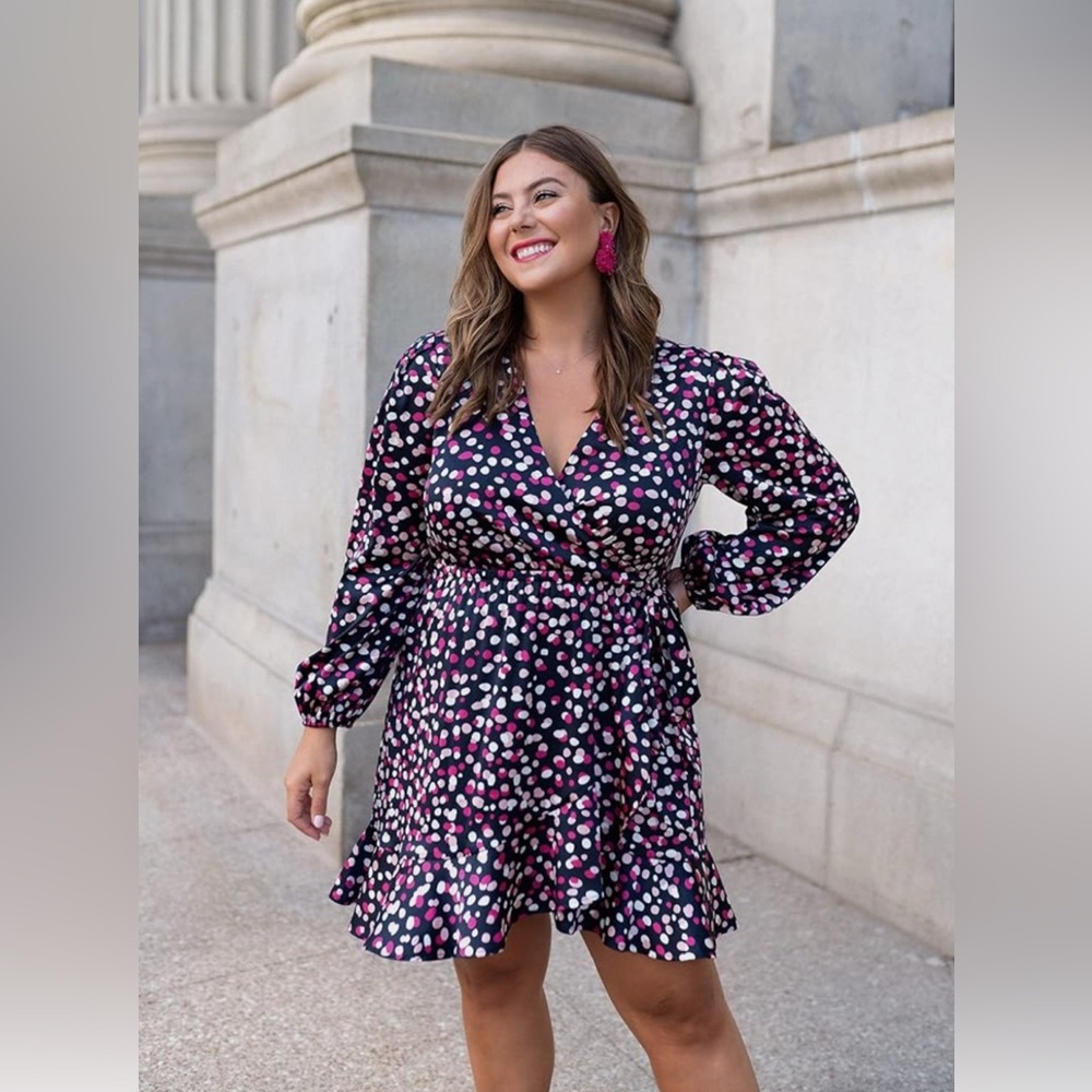 The Drop Women's Pink Dot Print Faux Wrap Front Long Sleeve Dress- Size M